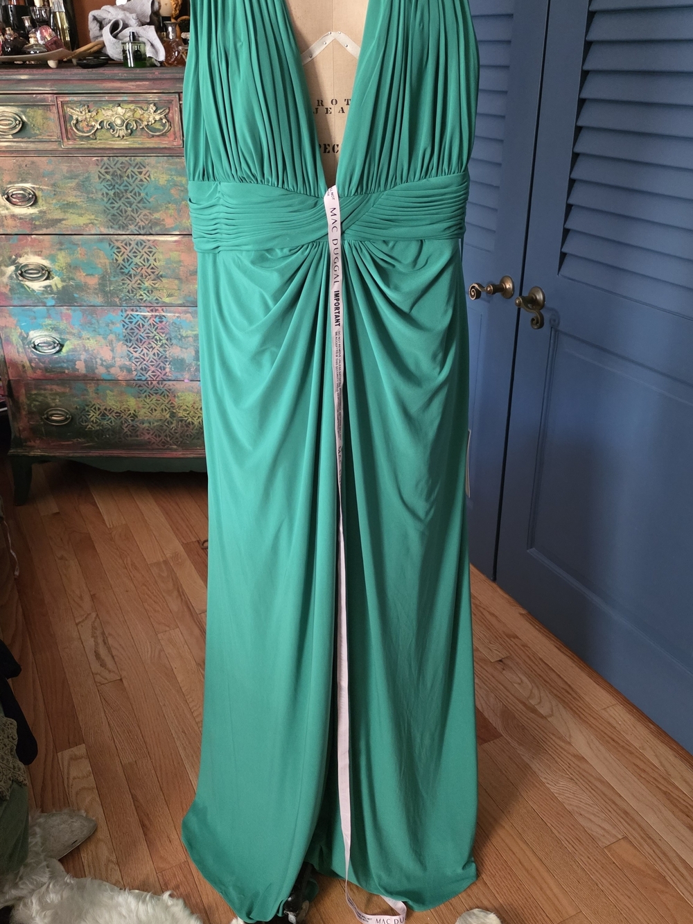 Mac Duggal Teal Plunging Backless Maxi Gown